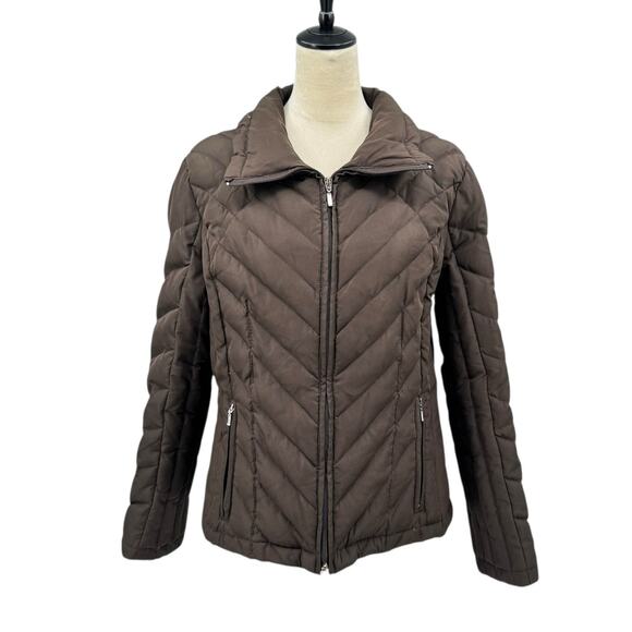 Nine West Women's Dark Brown Quilted Down Filled Collared Classic Puffer Jacket - Picture 1 of 12